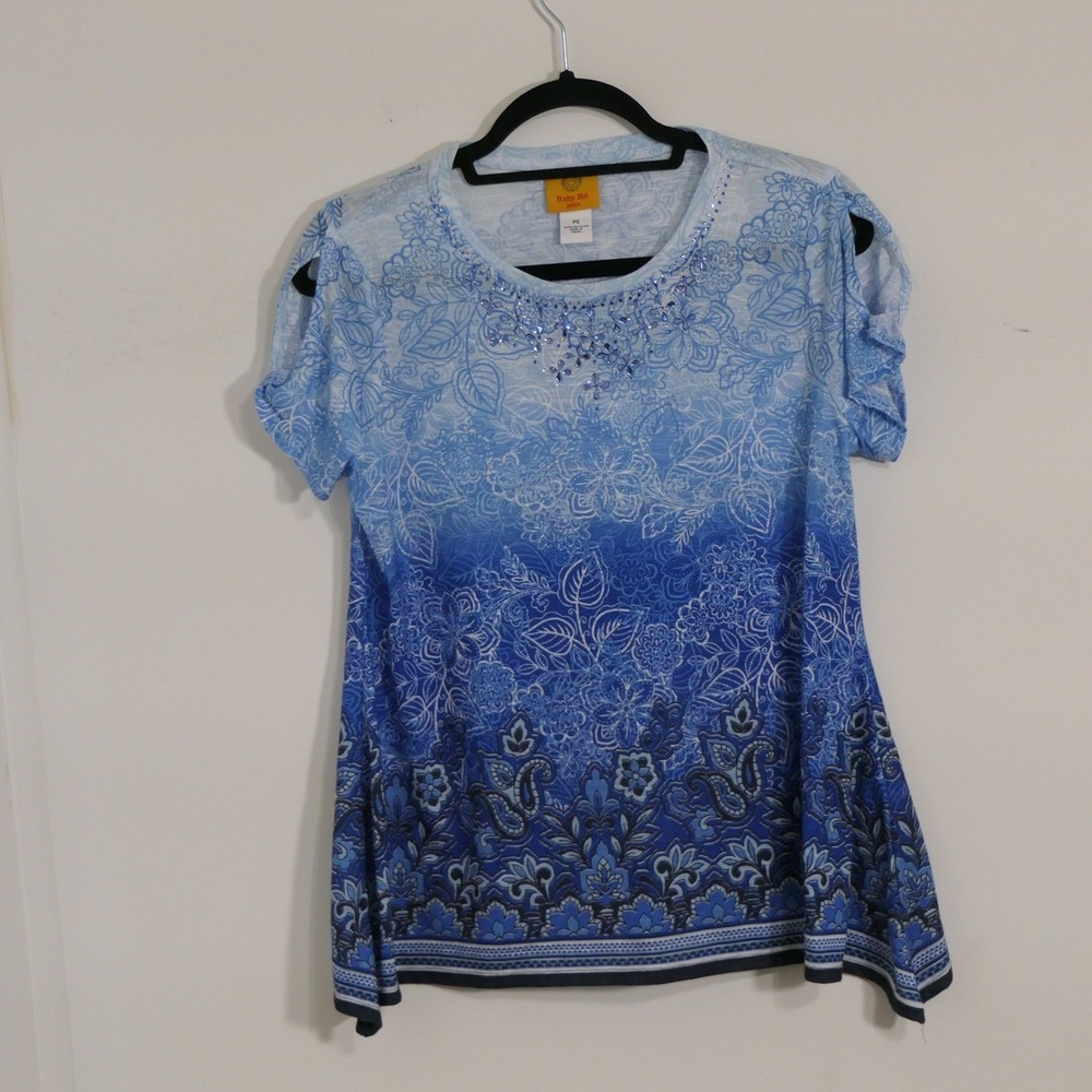 Ruby Rd Womens Top PS Blue Ombre Embellished Cold Shoulder Boho Sparkly Summer